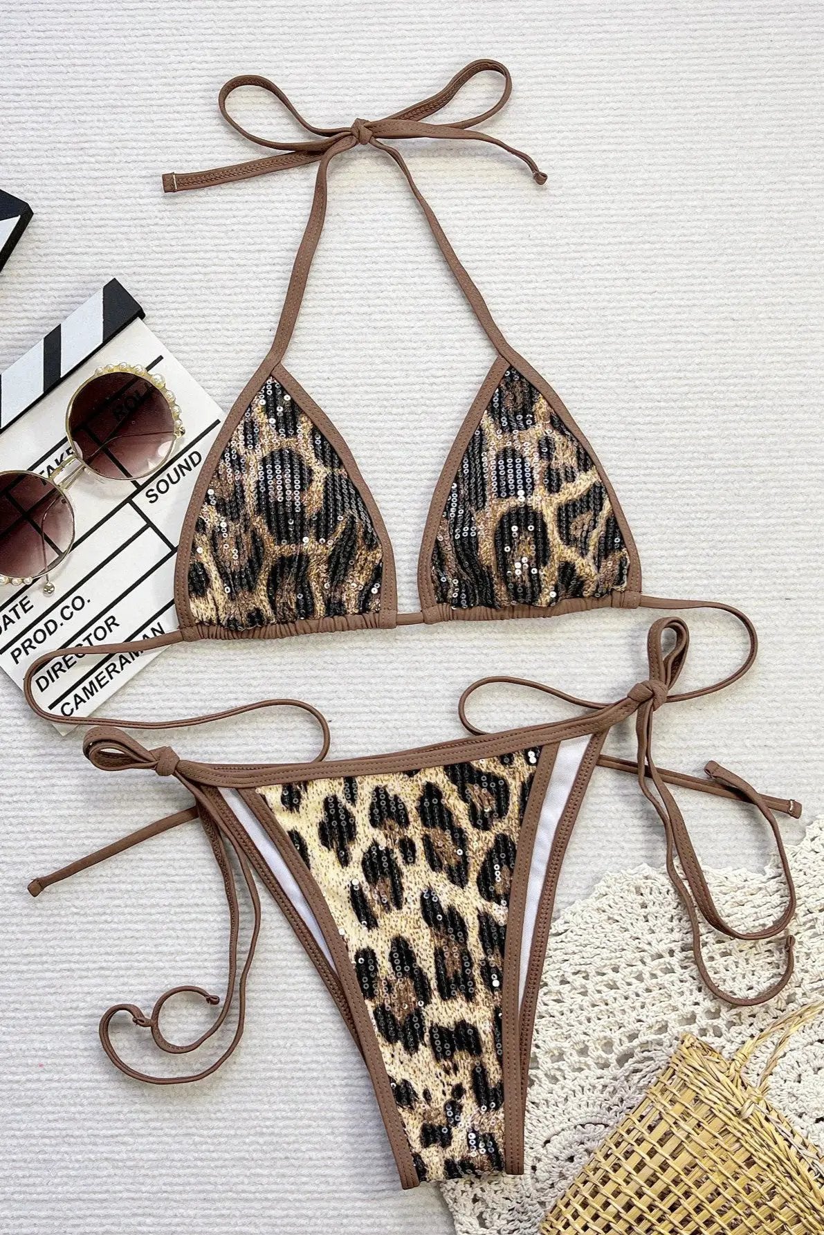 Leopard Print Sequin Sparkly Micro Sexy 2Pc Swimsuit Set Bikini