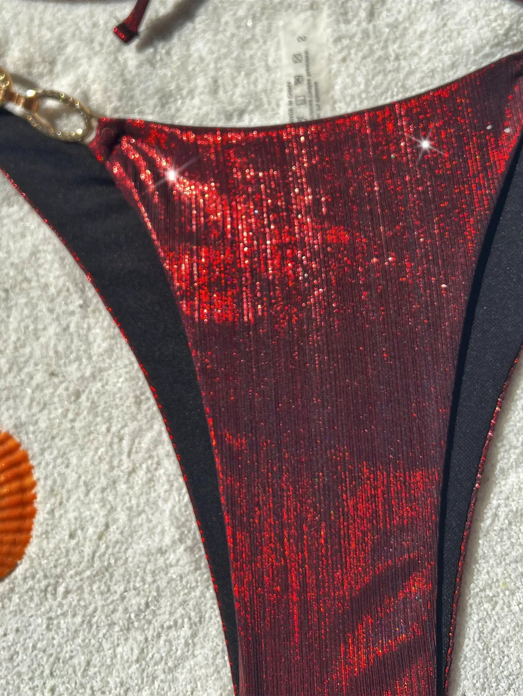 Red Shimmer Halter Rhinestone Ring Detail Cheeky 2Pc Swimsuit Set
