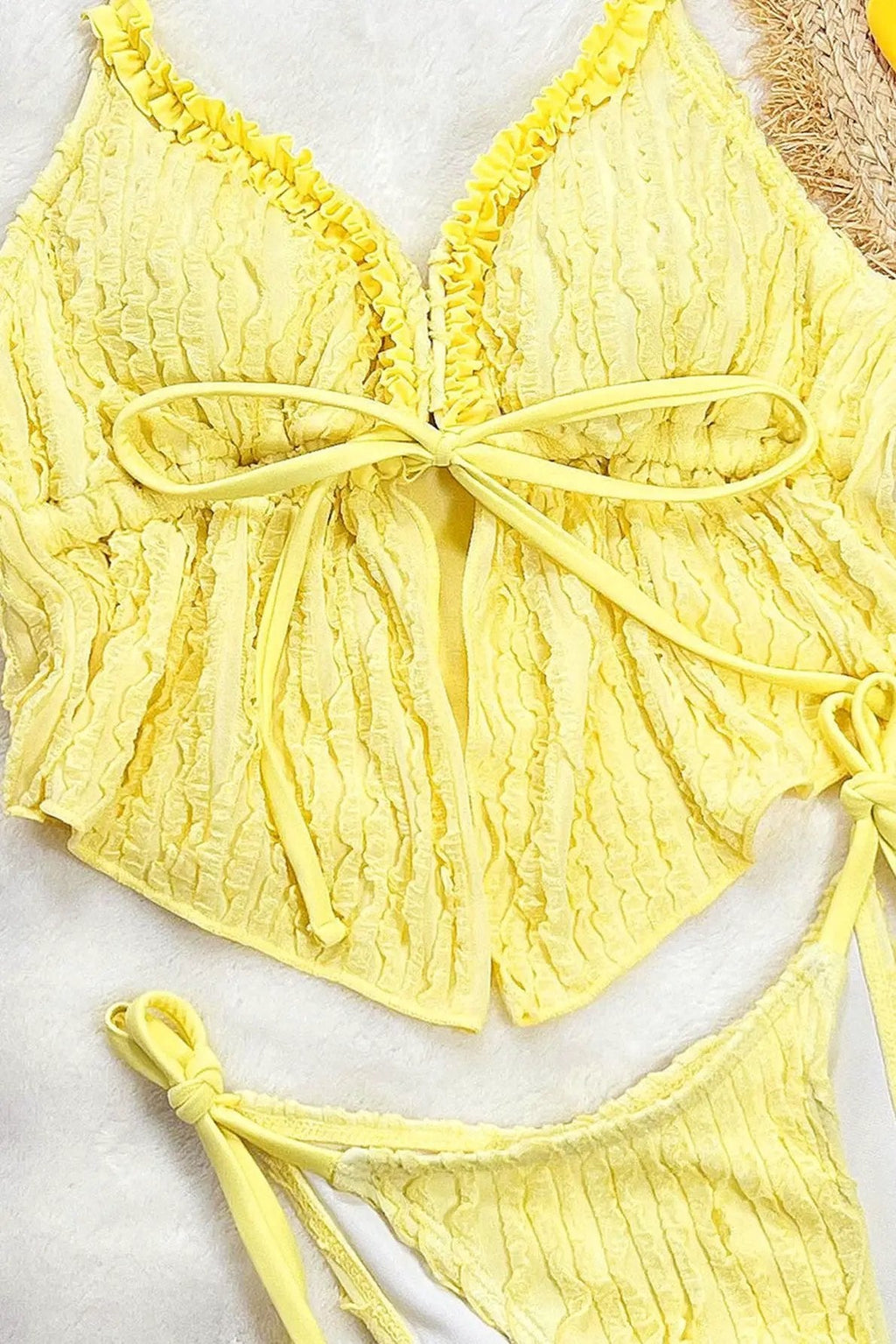 Yellow Ruffle Textured Handkerchief Top Natural Stones Sexy 2Pc Swimsuit Set