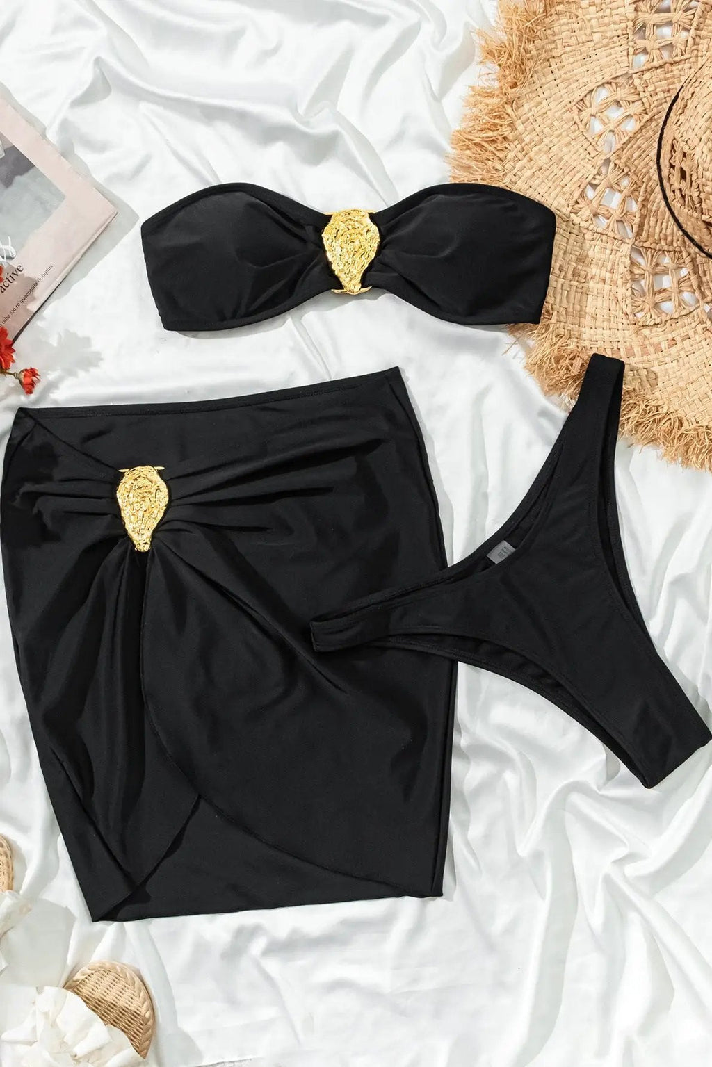 Black Gold Abstract Decor Bandeau Cheeky Cover-Up 3Pc Swimsuit Set