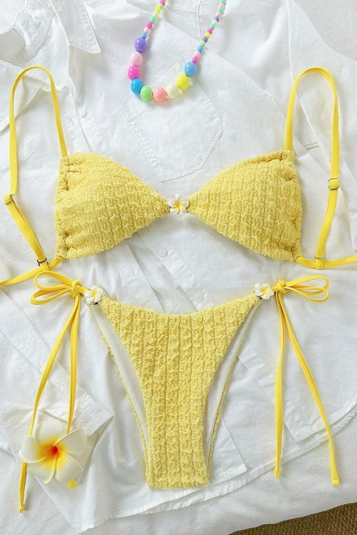 Yellow Textured Hawaiian Plumeria Flower Sexy 2Pc Swimsuit Set Bikini