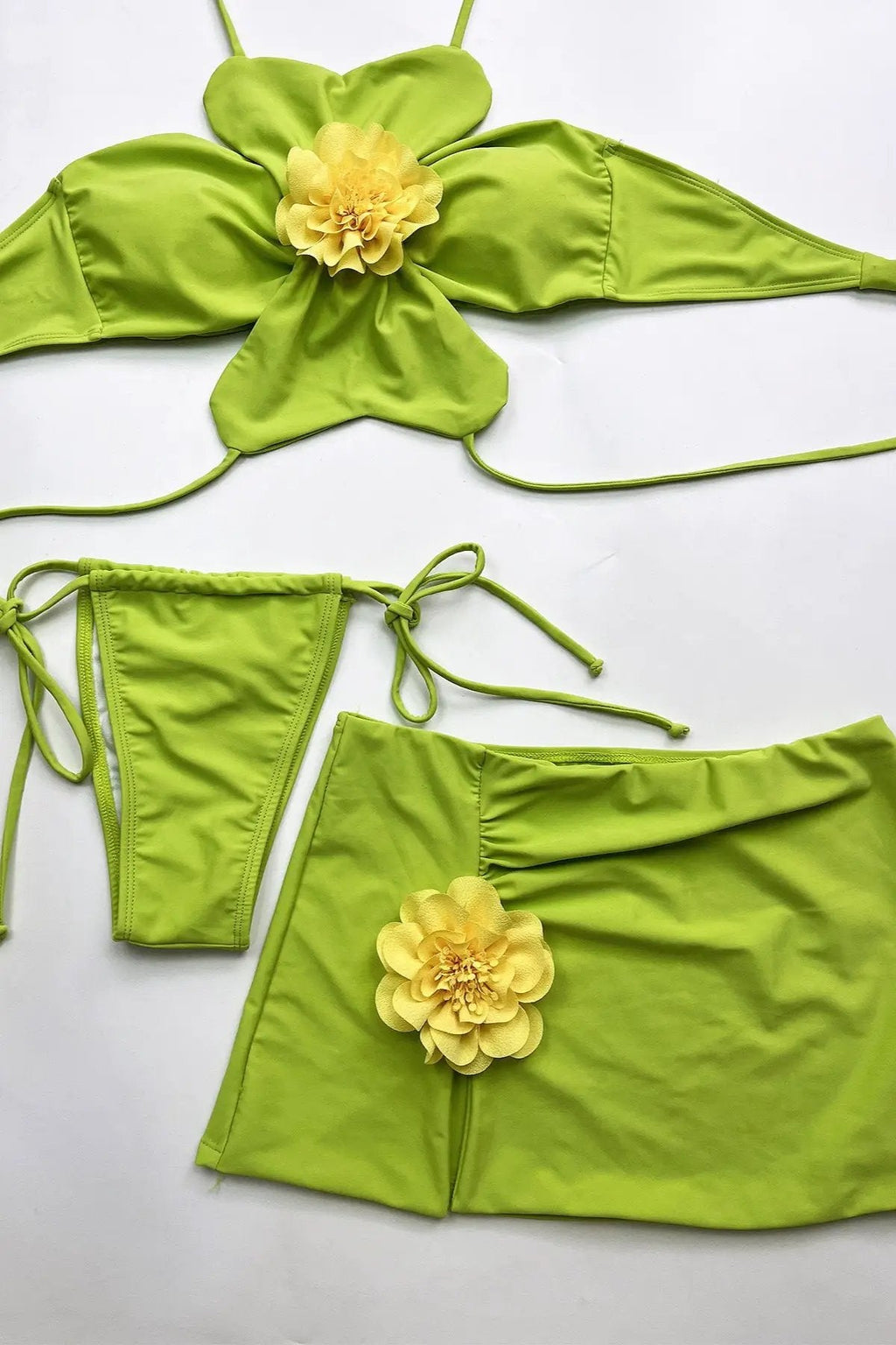 Green Unique Flower Top Cheeky Skirt Cover-Up 3Pc Swimsuit Set Outfit