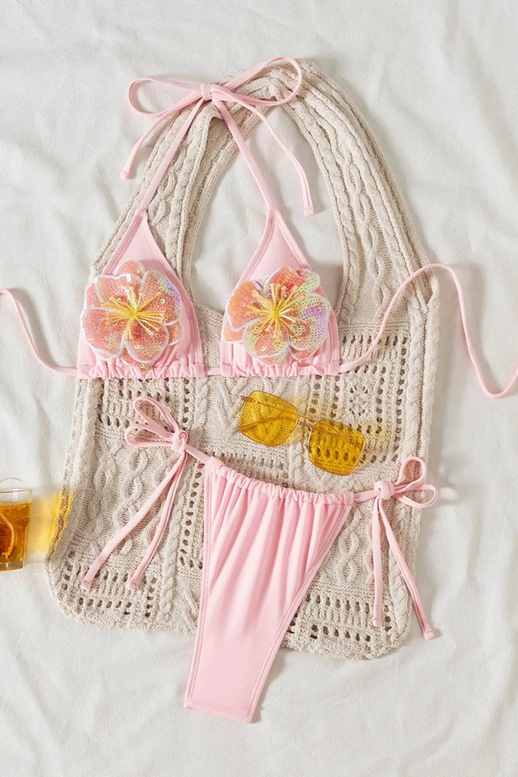 Light Pink Sequin 3D Hibiscus Flower Thong Draw-string Sexy 2Pc Swimsuit Set Bikini