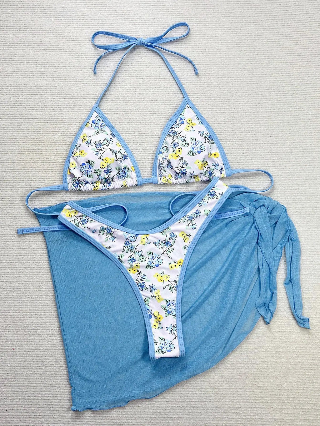 Blue Spring Bloom Print Cover-Up Sexy 3Pc Thong Swimsuit Set Bikini