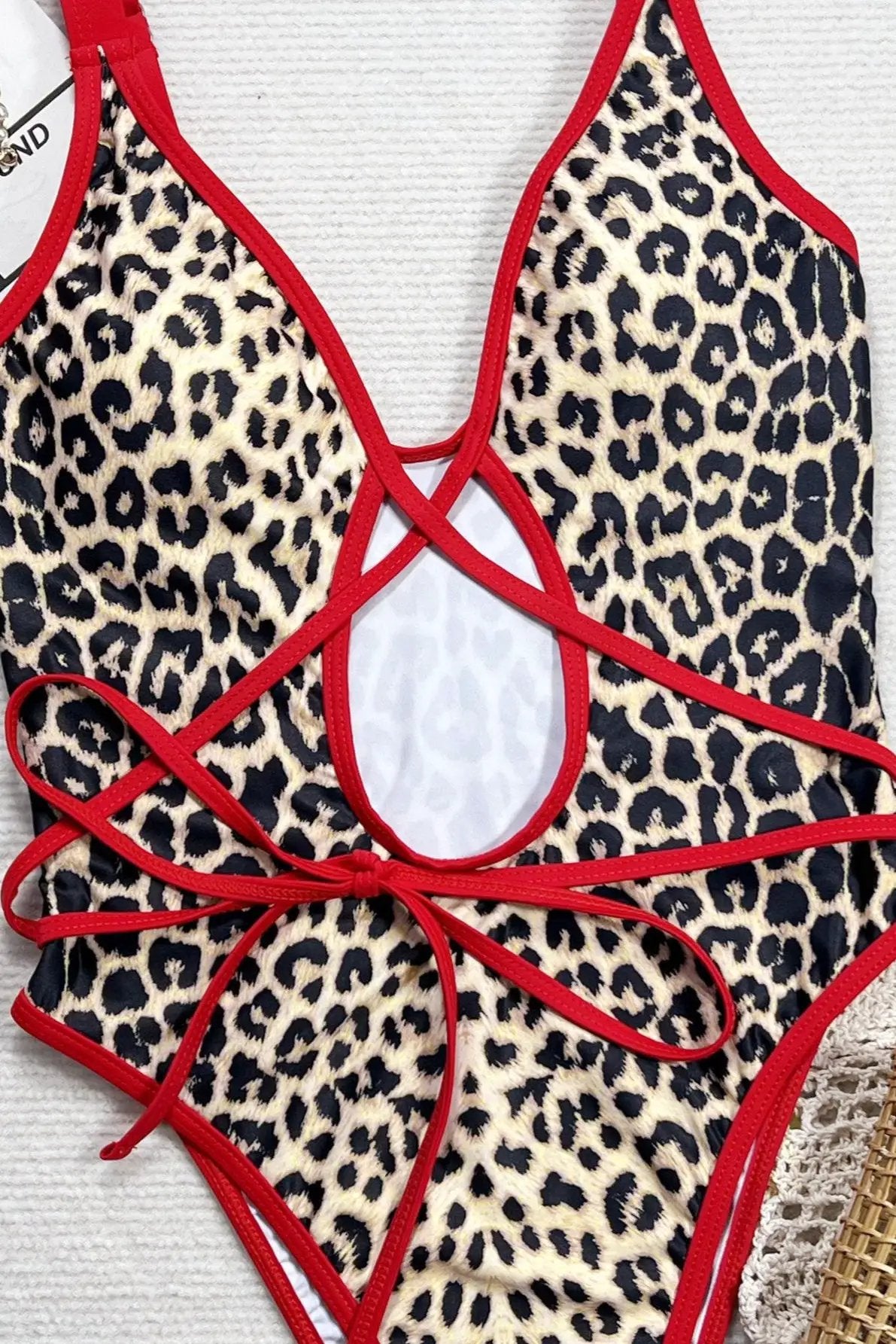 Leopard Print Red Trim Strappy Sexy One Piece Swimsuit Monokini
