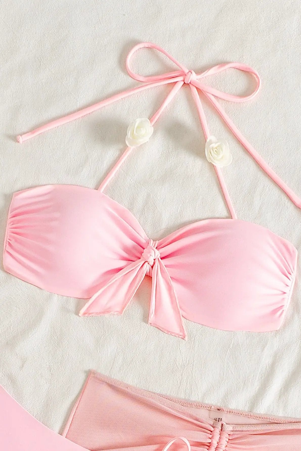 Pink Delicate Rose Draw String Cheeky Mesh Cover-Up Sexy 3Pc Swimsuit Set