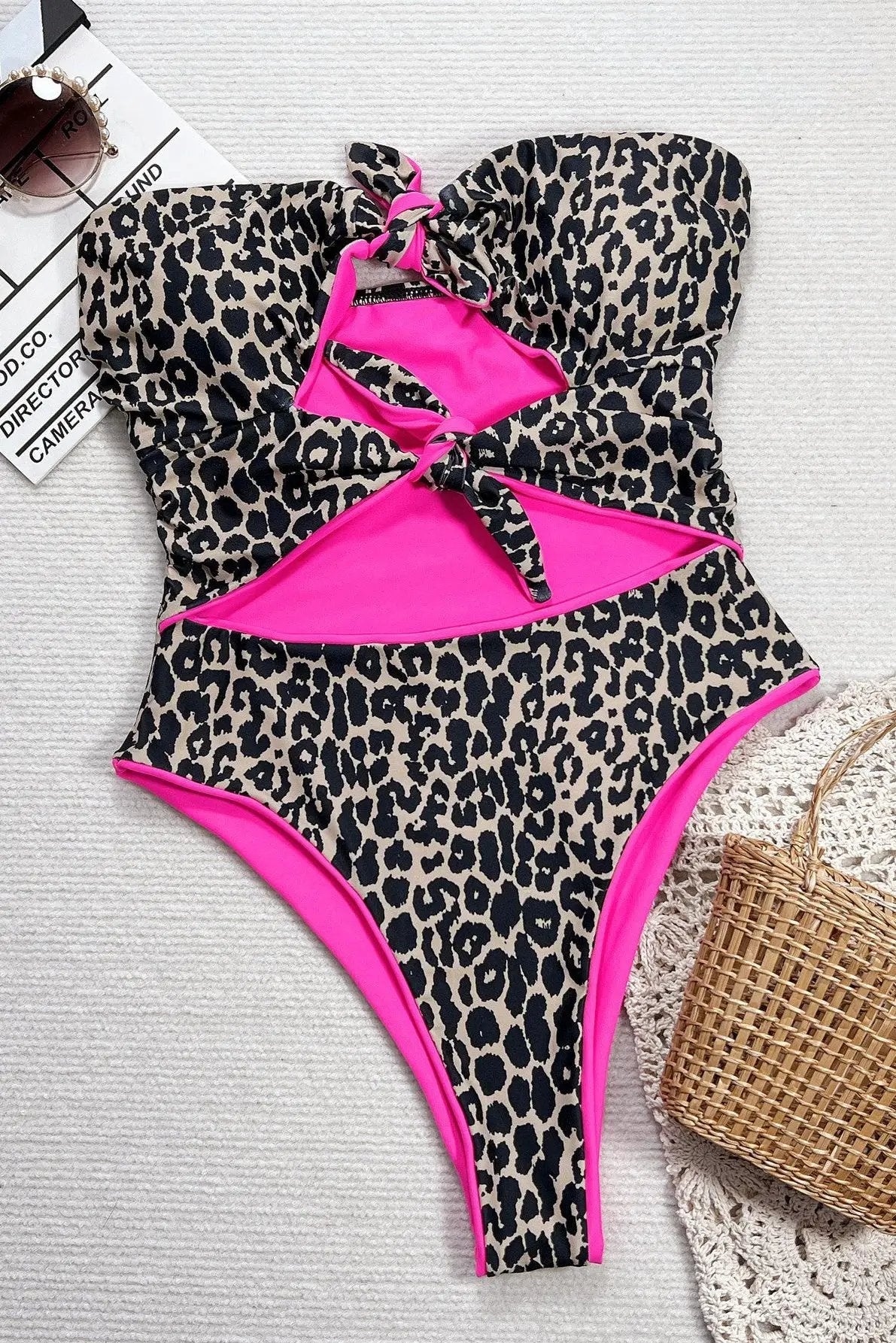 Leopard Hot Pink Bows Cut-Out Strapless 1Pc Sexy Swimsuit Monokini