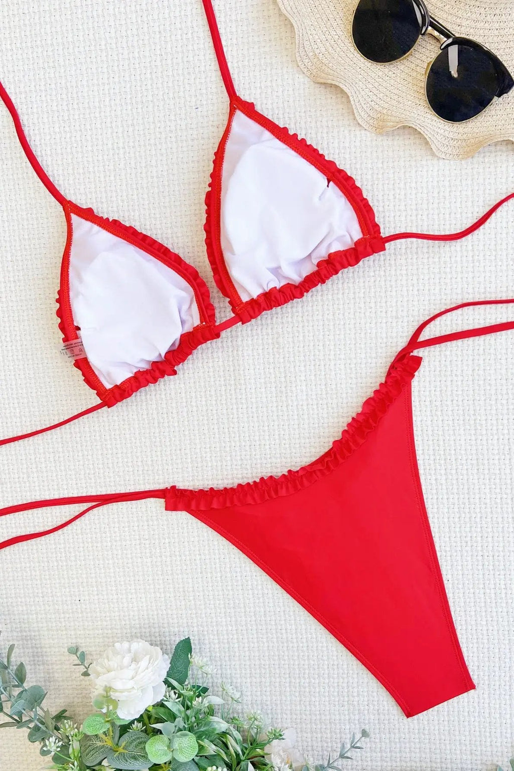 Red Ruffle Removable Pad Cheeky Sexy 2Pc Swimsuit Set Bikini