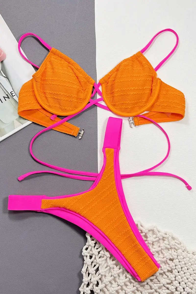 Orange Hot Pink Wire Push-Up Cheeky Sexy 2Pc Swimsuit Set Bikini