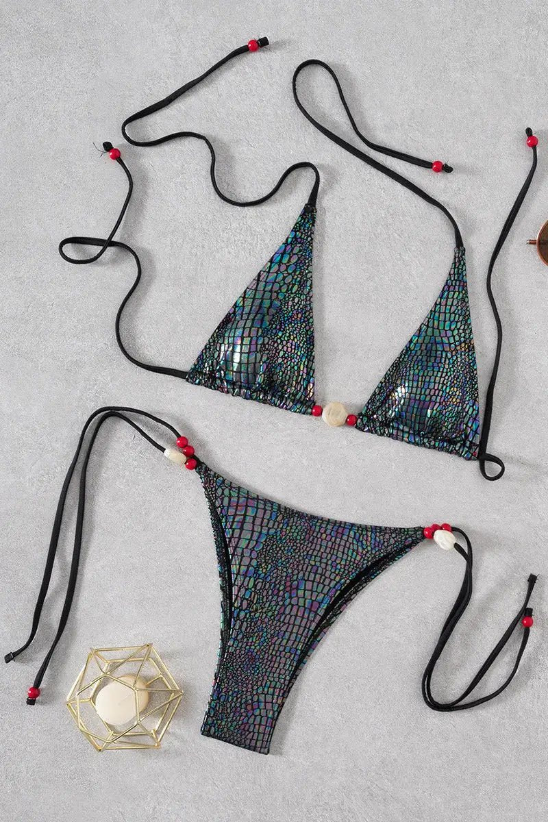Reflective Holographic Snake Natural Stone Cheeky Bikini Sexy 2Pc Swimsuit Set