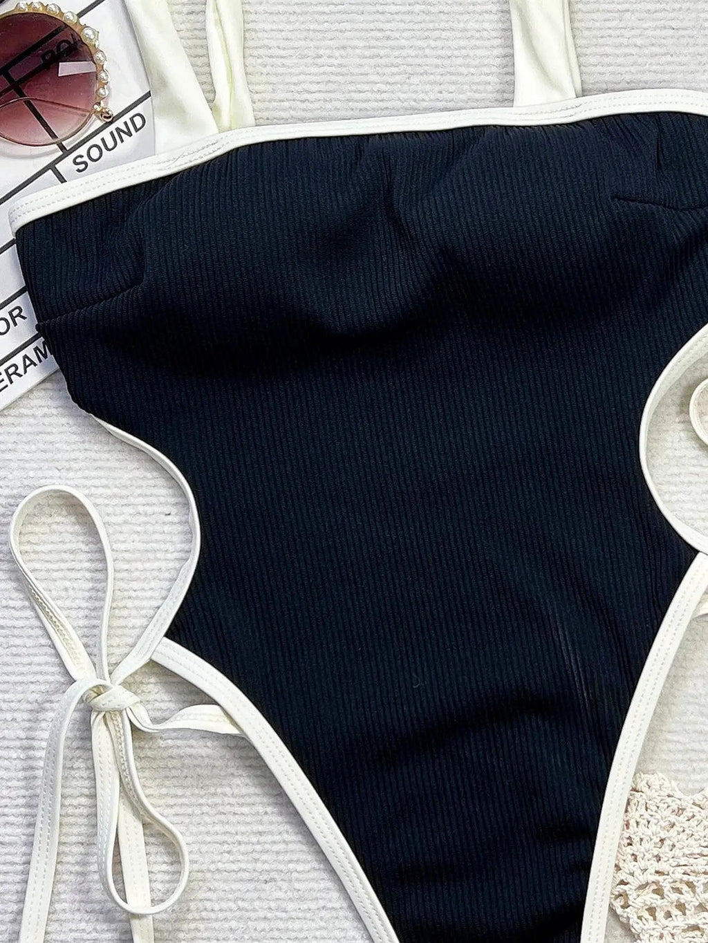 Black Ribbed White Trim Bows Thong Sexy 1Pc Swimsuit Monokini