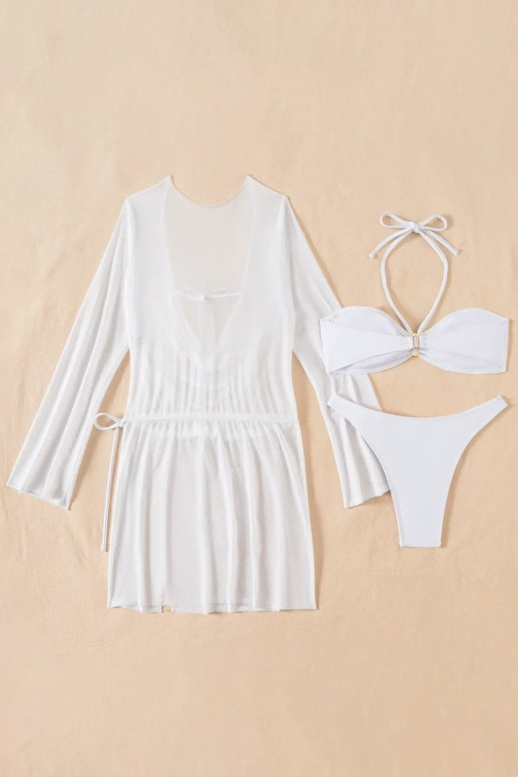 White Metal Flowers Halter Bikini Mesh Cover-Up Dress Sexy 3Pc Swimsuit Set