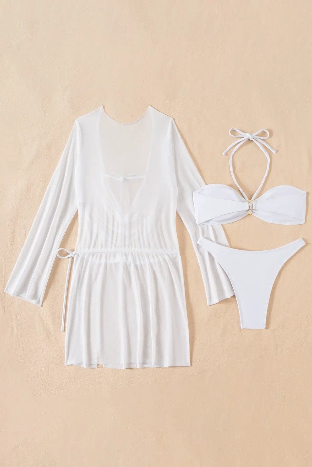White Metal Flowers Halter Bikini Mesh Cover-Up Dress Sexy 3Pc Swimsuit Set