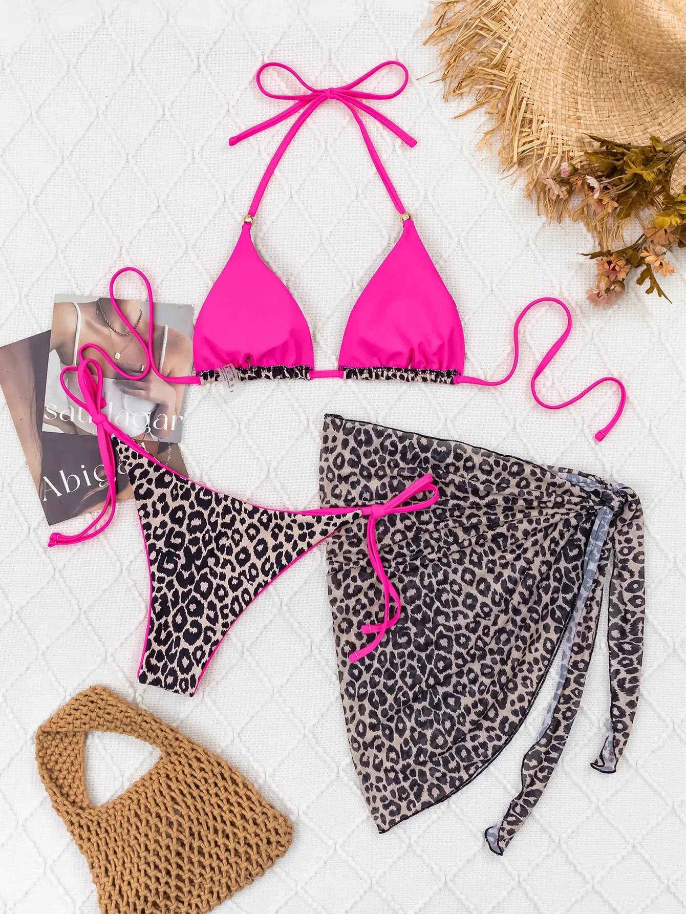 Leopard Print Pink Triangle Cheeky Mesh Cover-Up Sexy 3Pc Swimsuit Set