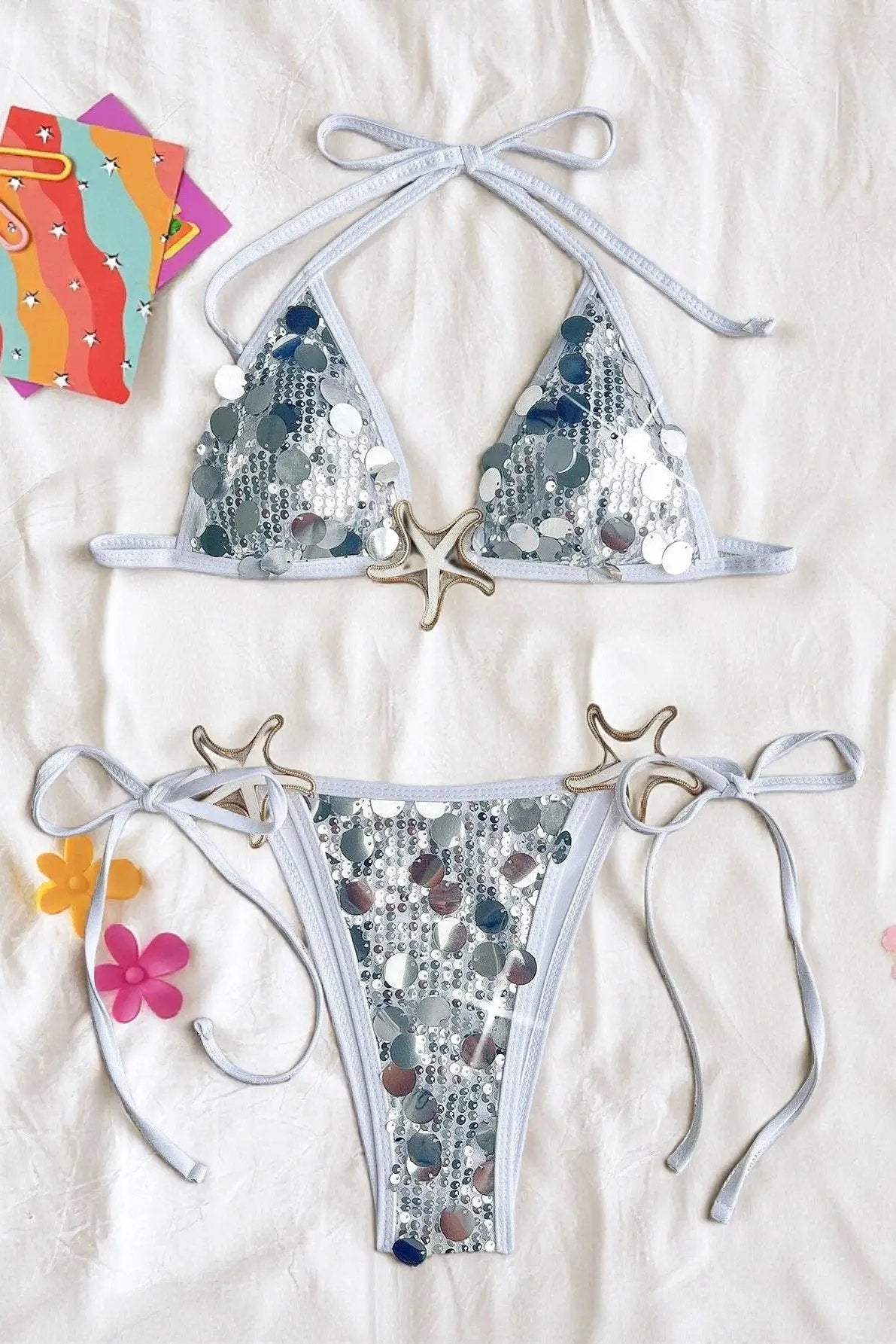 Silver White Big Sequin Starfish Sexy 2Pc Bikini Swimsuit Set