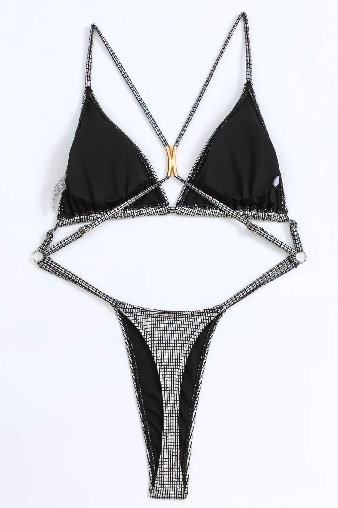 Silver Holographic Strappy Push-Up Thong Sexy Monokini 1Pc Swimsuit