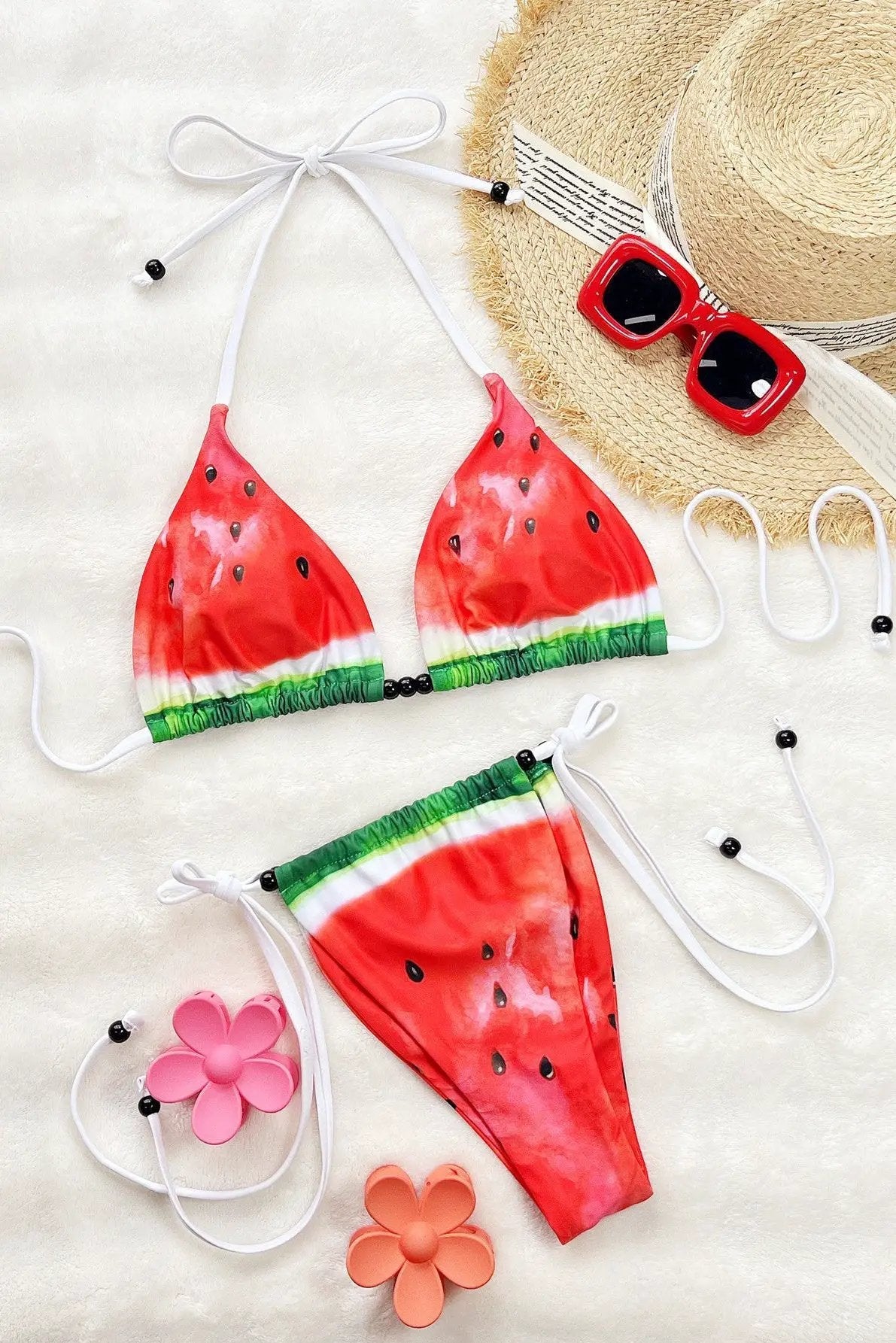Red Green Watermelon Print Beads Sexy Triangle Cheeky 2Pc Swimsuit Set Bikini