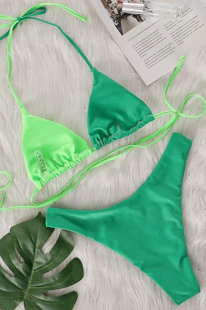 Green Color Block Rhinestone Sparkly Strappy Cheeky Sexy 2Pc Swimsuit Bikini Set