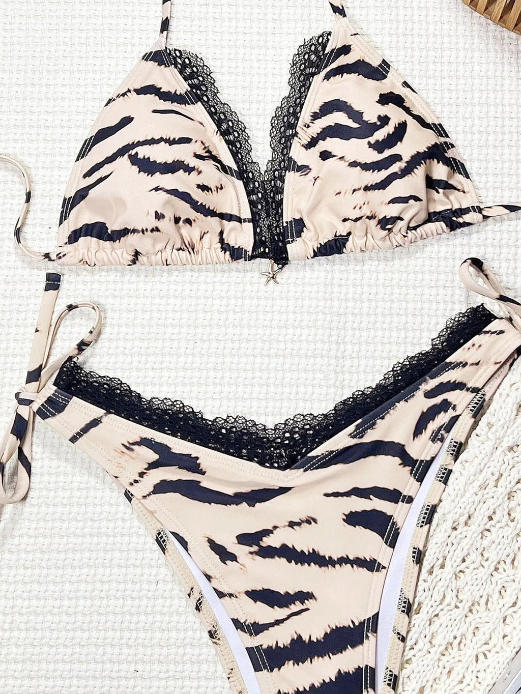 Beige Black Tiger Print Lace Silver Starfish Sexy Flattering Cut 2Pc Swimsuit Set