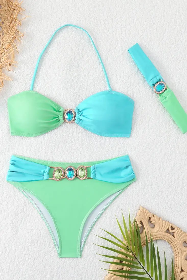 Green Blue Gemstone Rhinestone Headband/Belt 3Pc Sexy Swimsuit Set