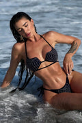 Black Silver Studded Heart Top Sexy 2Pc Swimsuit Set Bikini