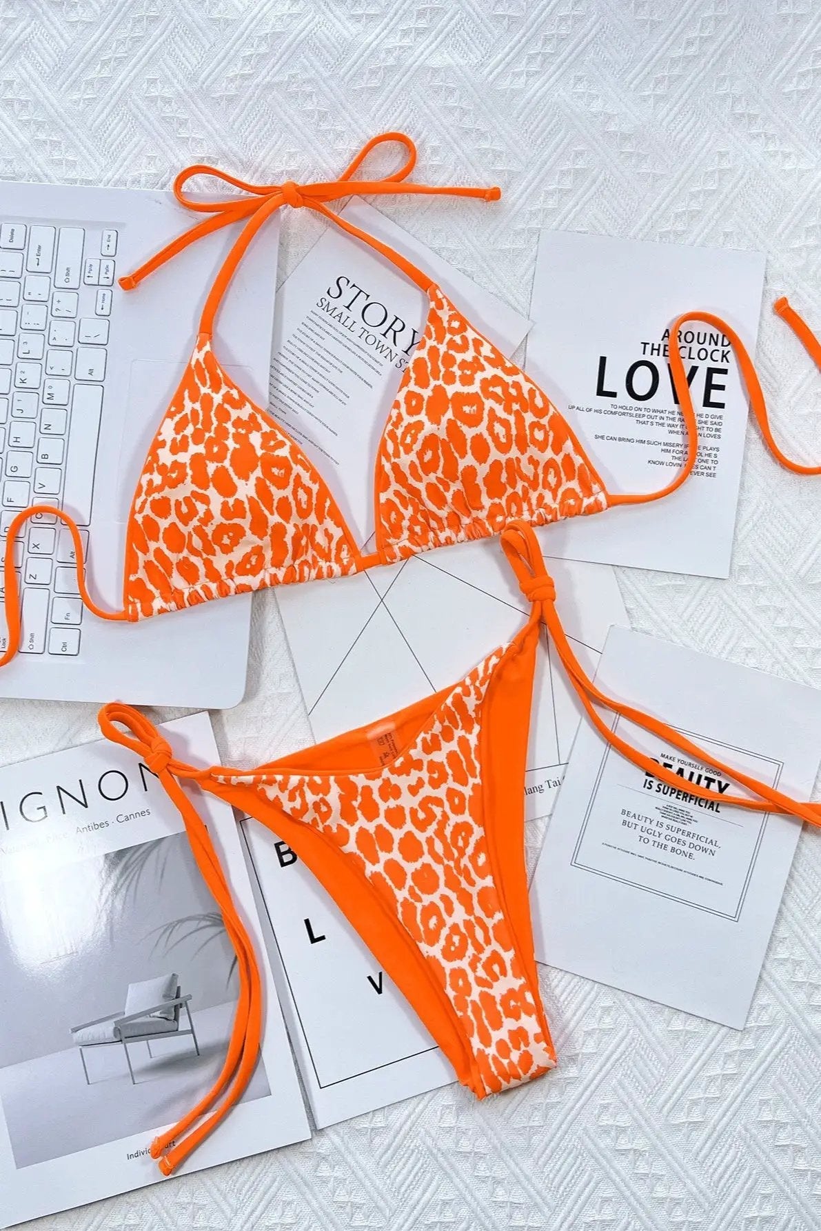 Neon Orange Leopard Print Halter Sexy Cheeky Two Piece Swimsuit Bikini