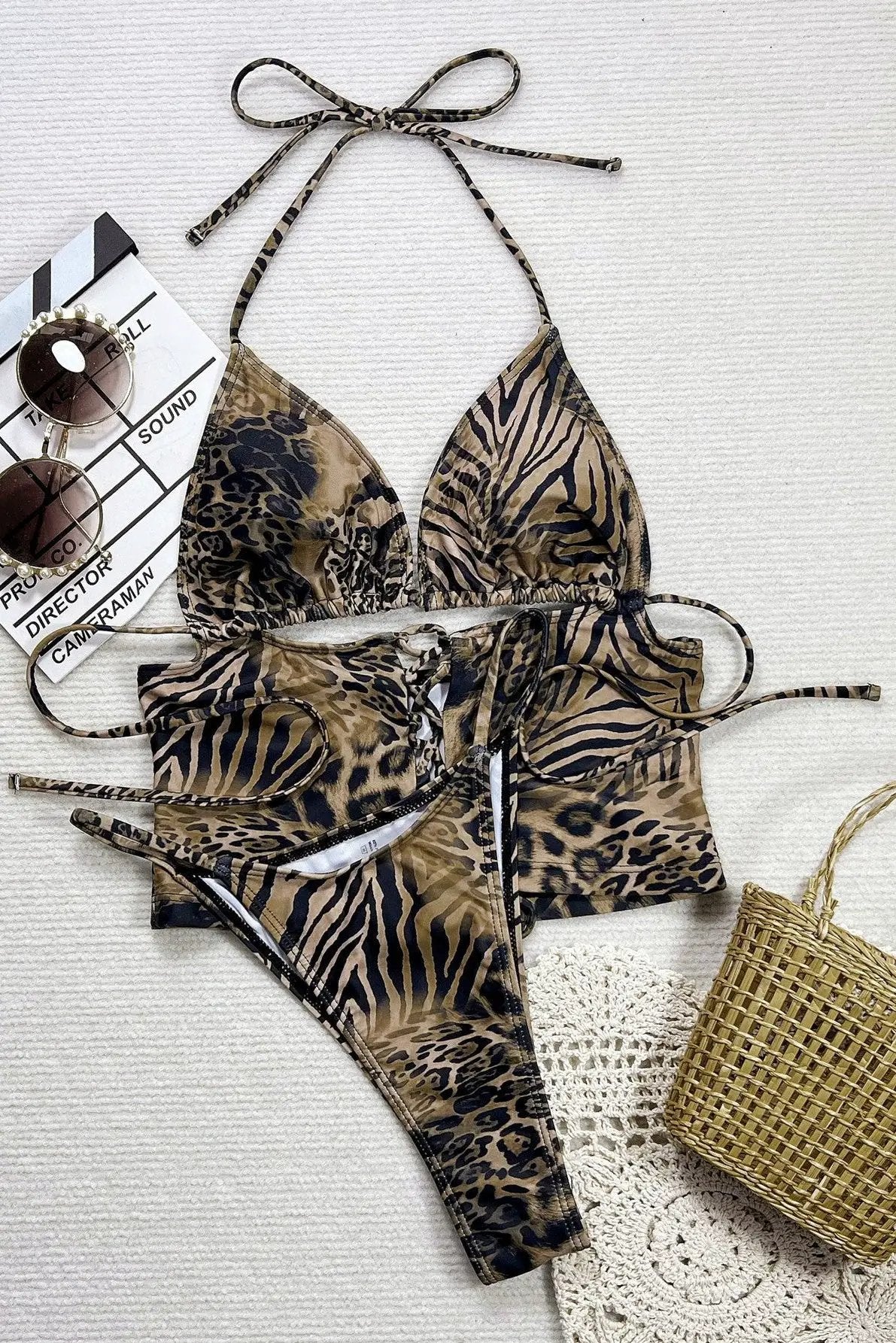 Leopard Print Triangle Corset Cheeky Sexy 2Pc Swimsuit Set