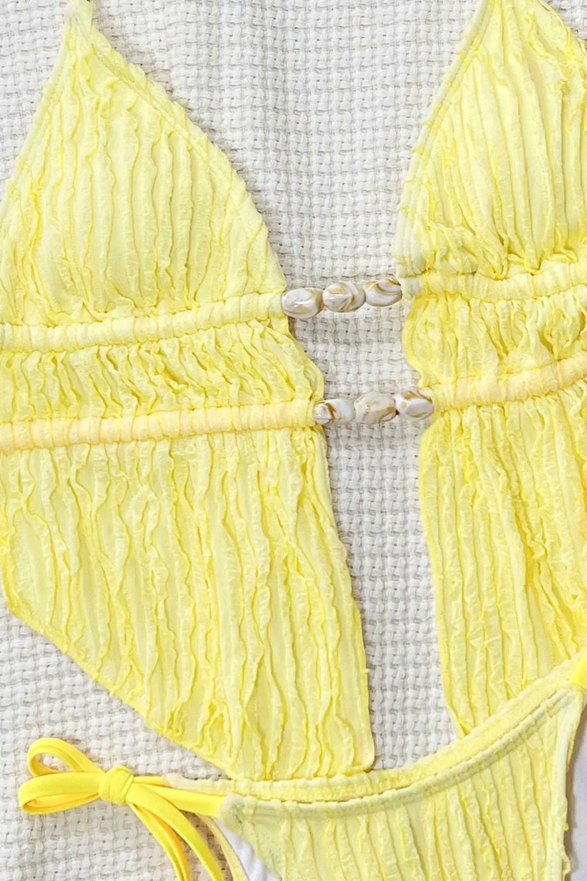 Yellow Textured Fabric White Natural Stones Decor Sexy 2Pc Swimsuit