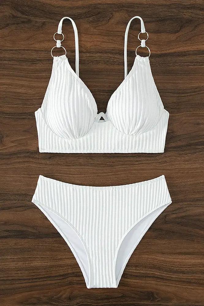 White Ribbed Wired V-Wired High Waist O-RIng Sexy 2Pc Swimsuit Set
