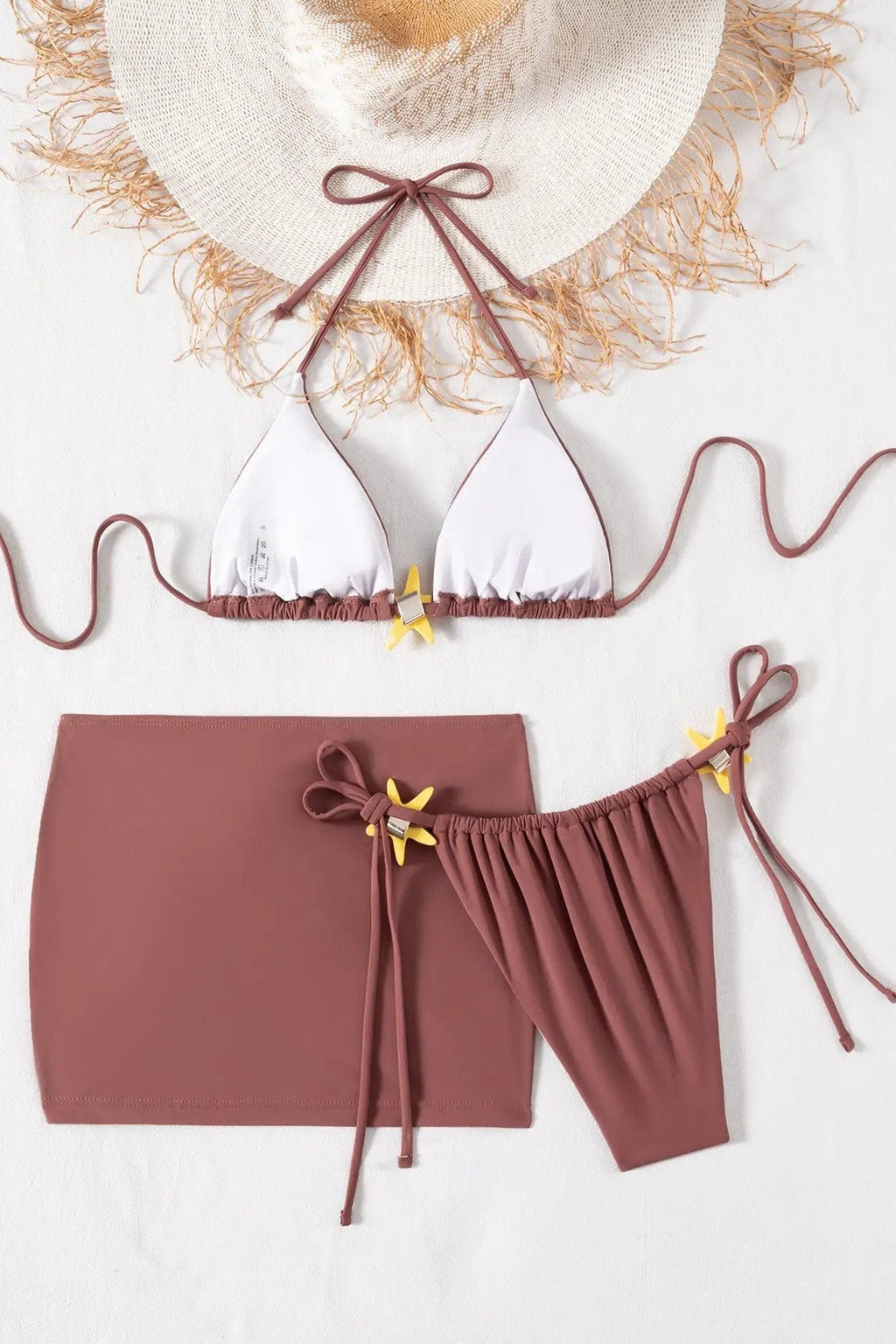 Brown Starfish Triangle Cheeky Cover-Up Sexy 3Pc Swimsuit Set