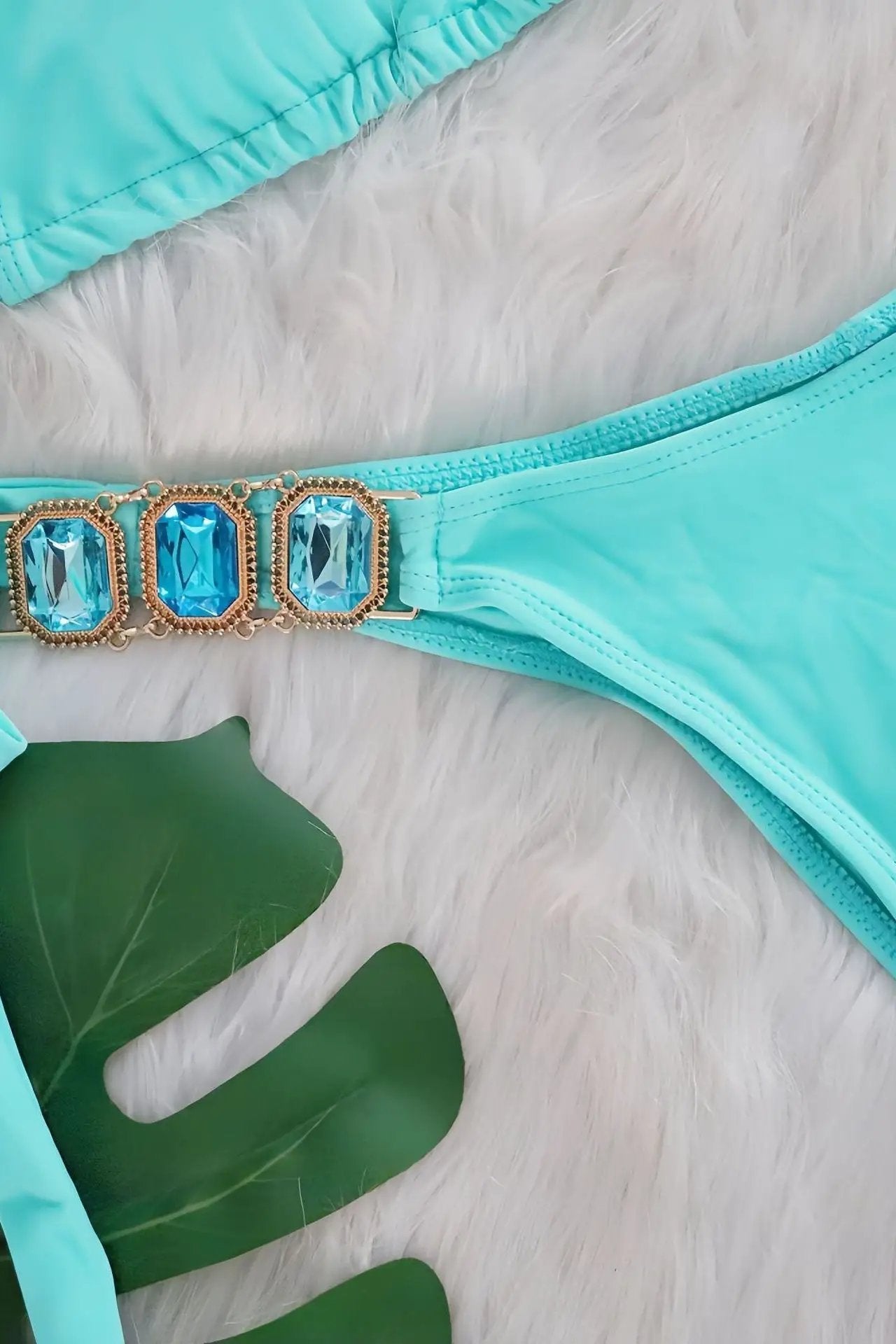 Mint Rhinestone Gem Halter Ruched Back Cheeky Sexy 2Pc Swimsuit Set BIkini