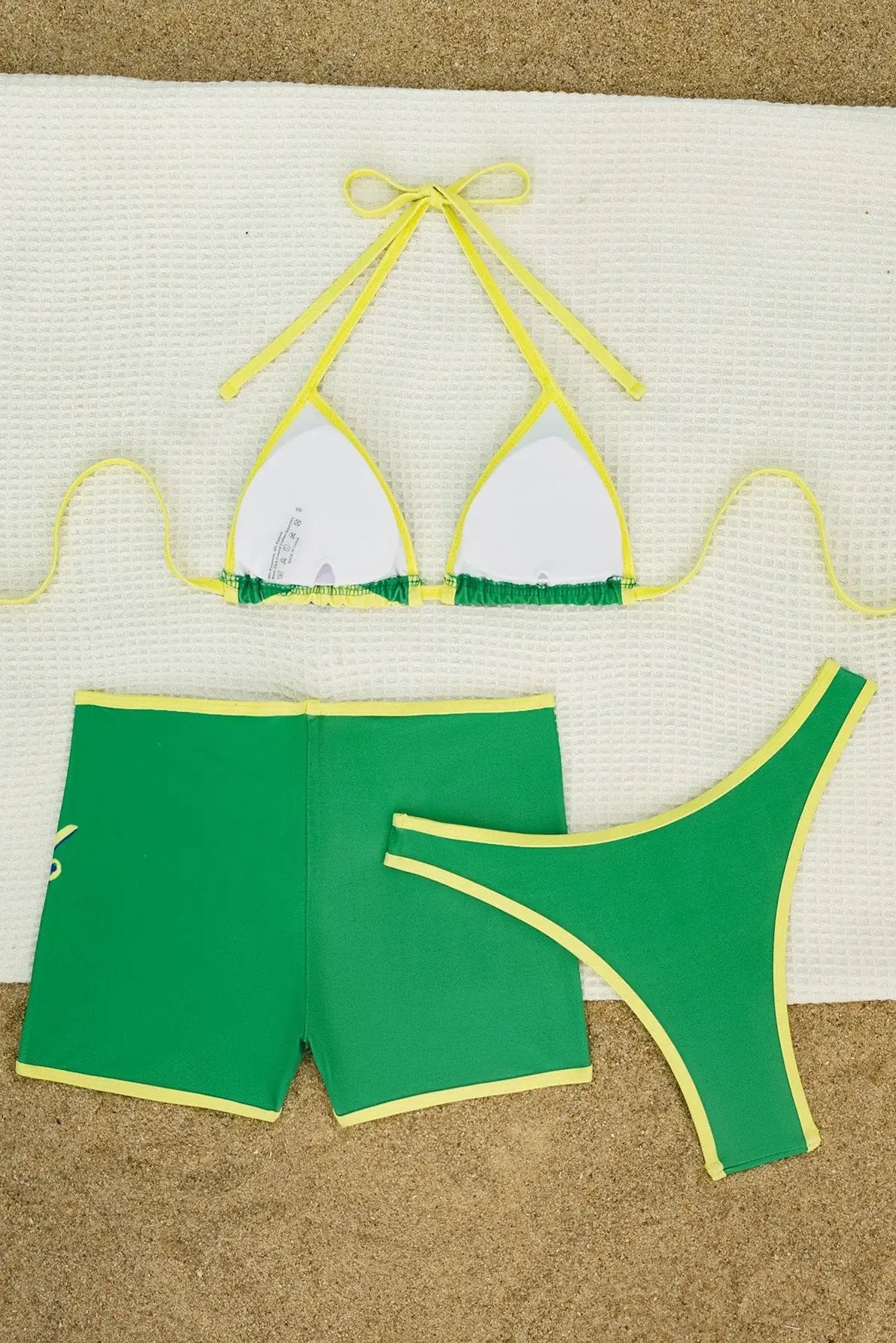 Green Yellow Brazil Triangle Cheeky Boy Shorts Sexy 3Pc Swimsuit Set