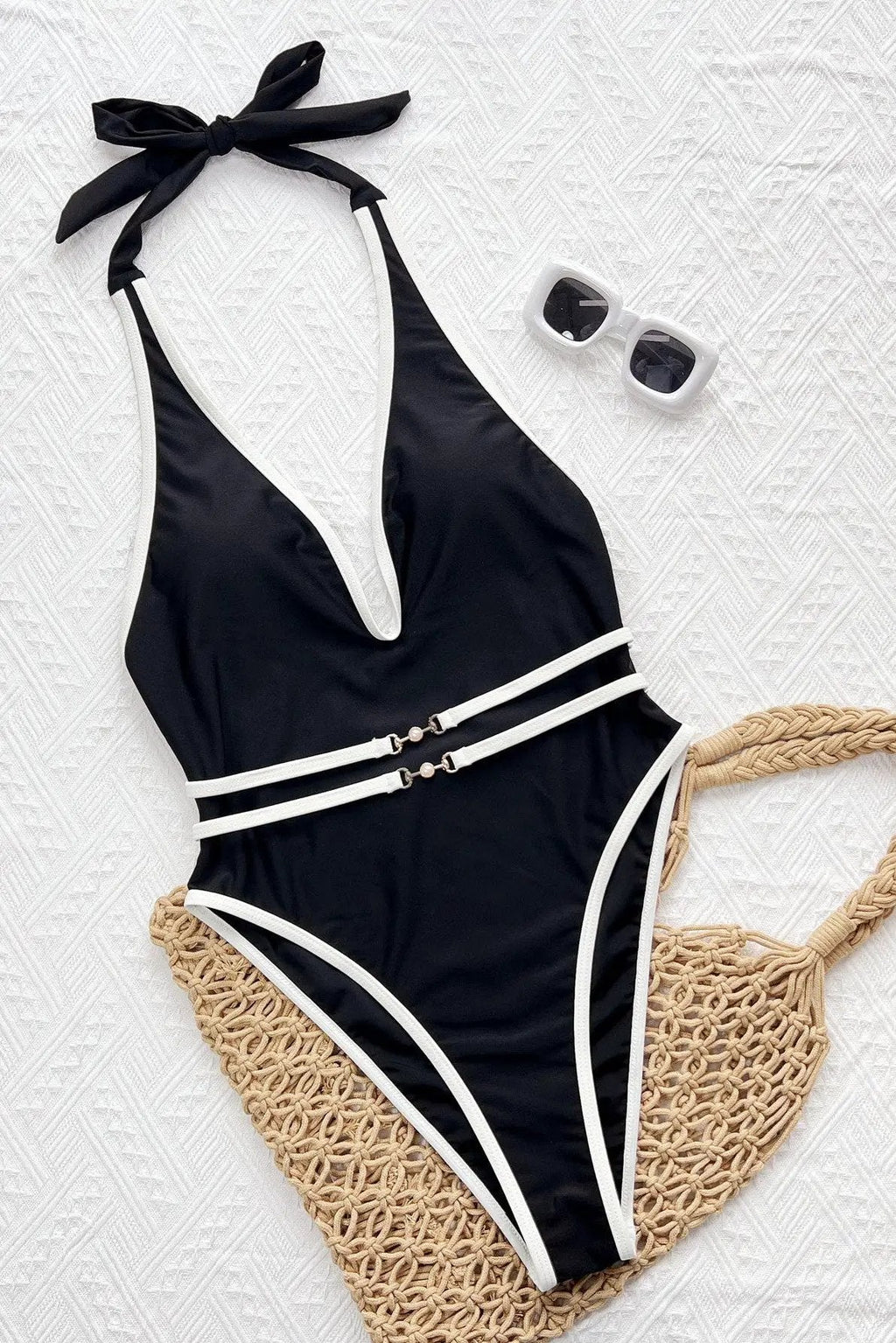 Black White Trim Designer Buckle Plunging-V Backless Sexy 1Pc Swimsuit Monokini