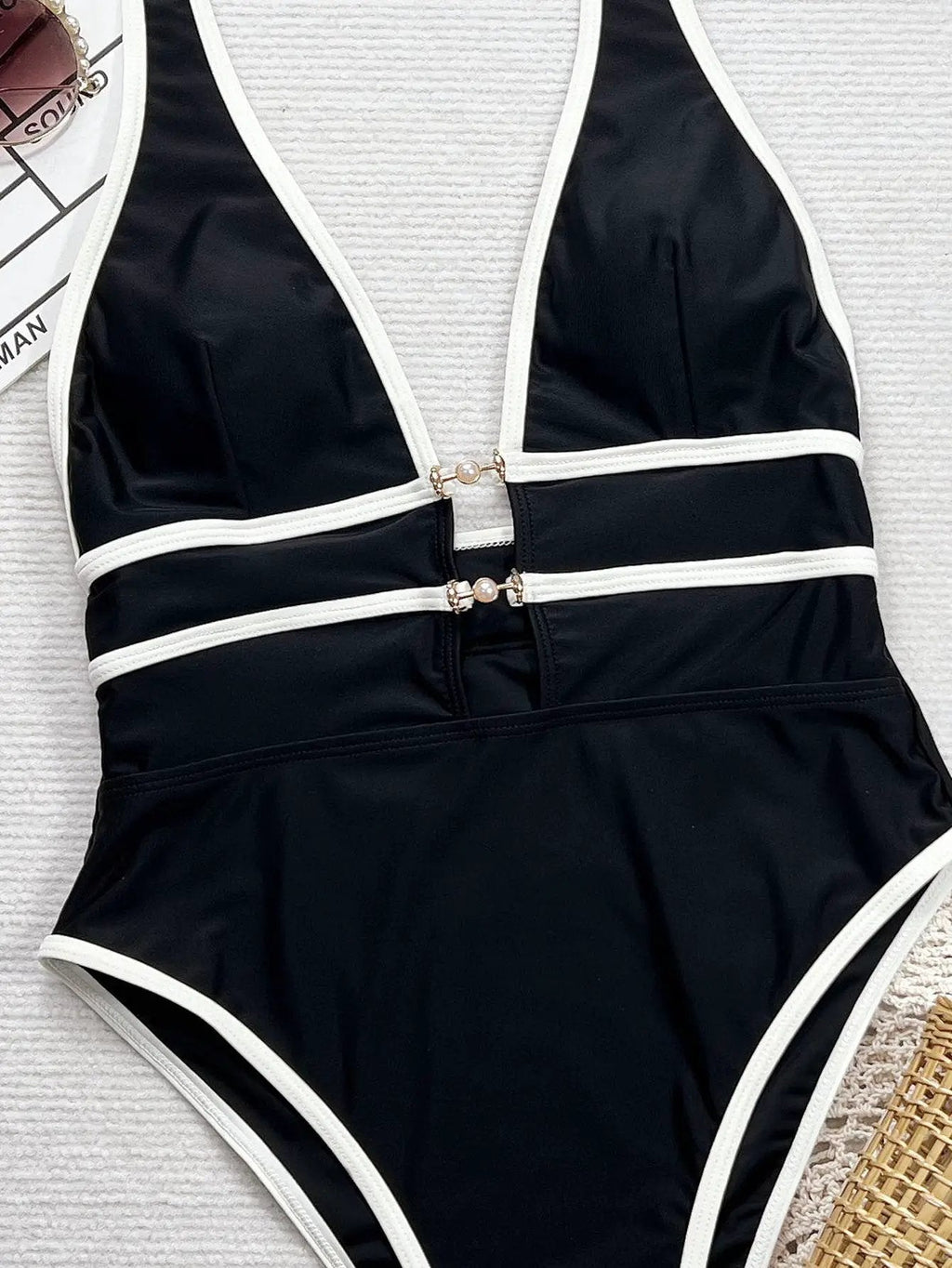 Black White Trim Halter Pearl Decor Plunging-V Sexy 1Pc Swimsuit Monokini