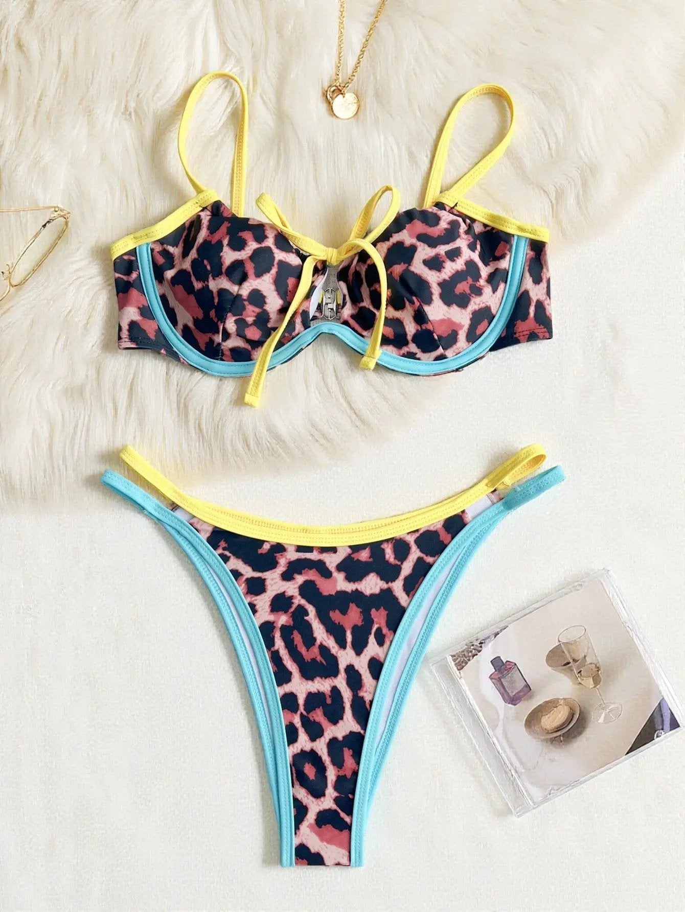 Blue Yellow Leopard Wired Top Cheeky Bottom Sexy 2Pc Swimsuit Set