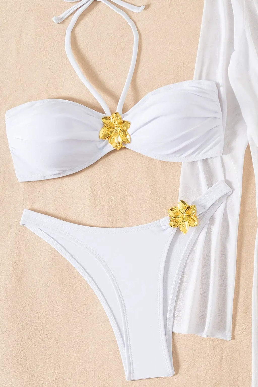 White Metal Flowers Halter Bikini Mesh Cover-Up Dress Sexy 3Pc Swimsuit Set