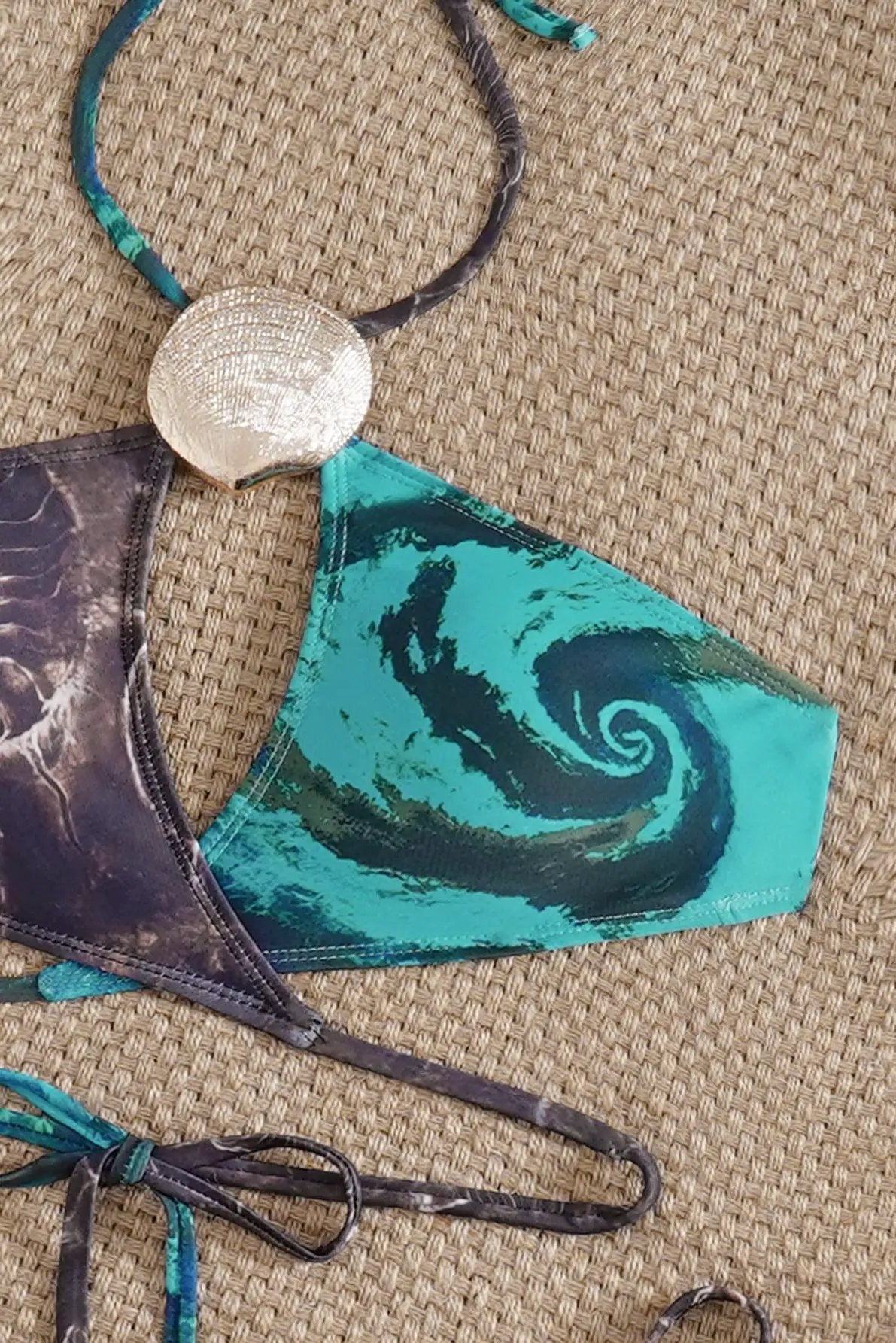 Grey Turquoise Sea Shell Print Gold Metal Decor Halter Wrap Cheeky Sexy 2Pc Bikini Swimsuit Set