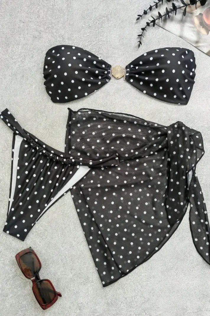 Black White Dot Gold Sea Shell Bandeau Cheeky Cover-Up Sexy 3Pc Swimsuit Set