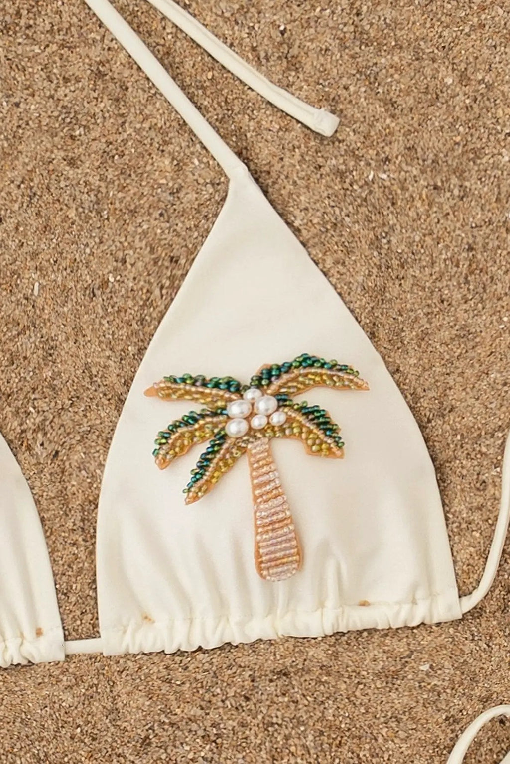 Off White Pearl Beaded Palm Trees Triangle Cheeky Sexy 2Pc Swim Set