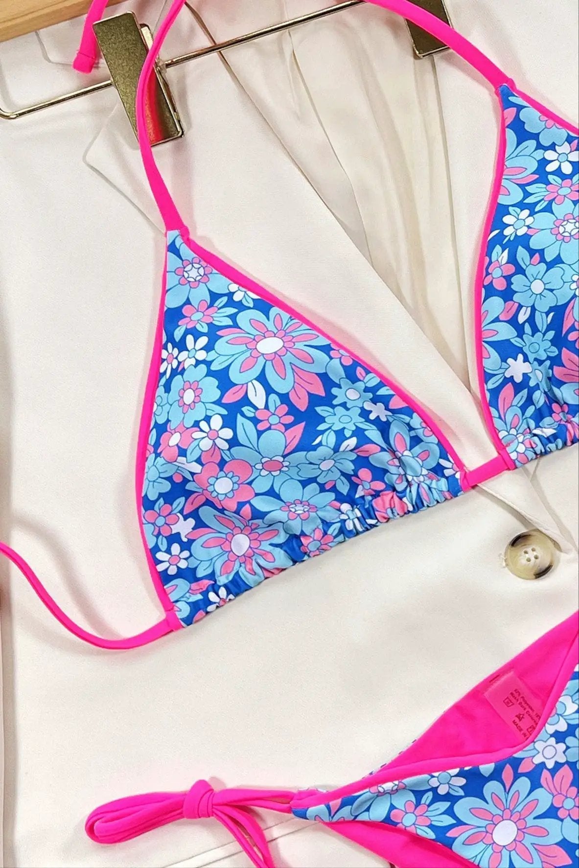 Blue Floral Print Neon Pink Trim Sexy 2pc Cheeky Bikini Swimsuit Set