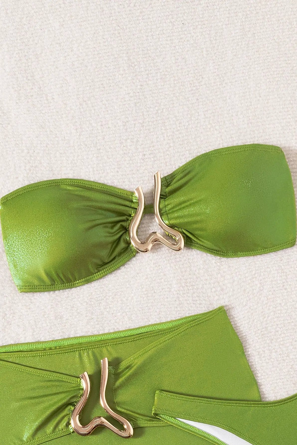 Green Shimmer Gold Metal Decor Bandeau Cheeky Skirt Cover-Up 3Pc Swimsuit Set