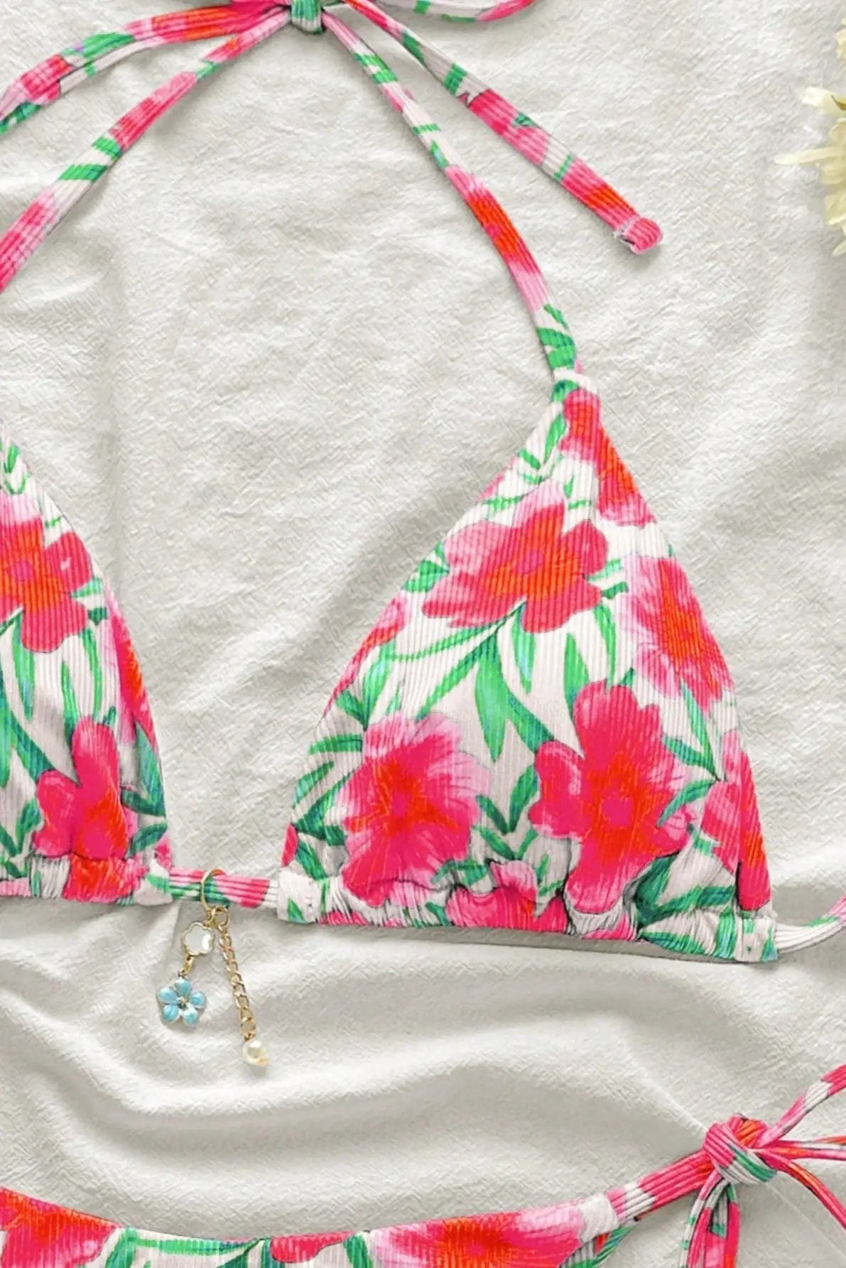 Hot Pink Floral Print Ribbed Flower Charm Sexy 2Pc Swimsuit Set Bikini