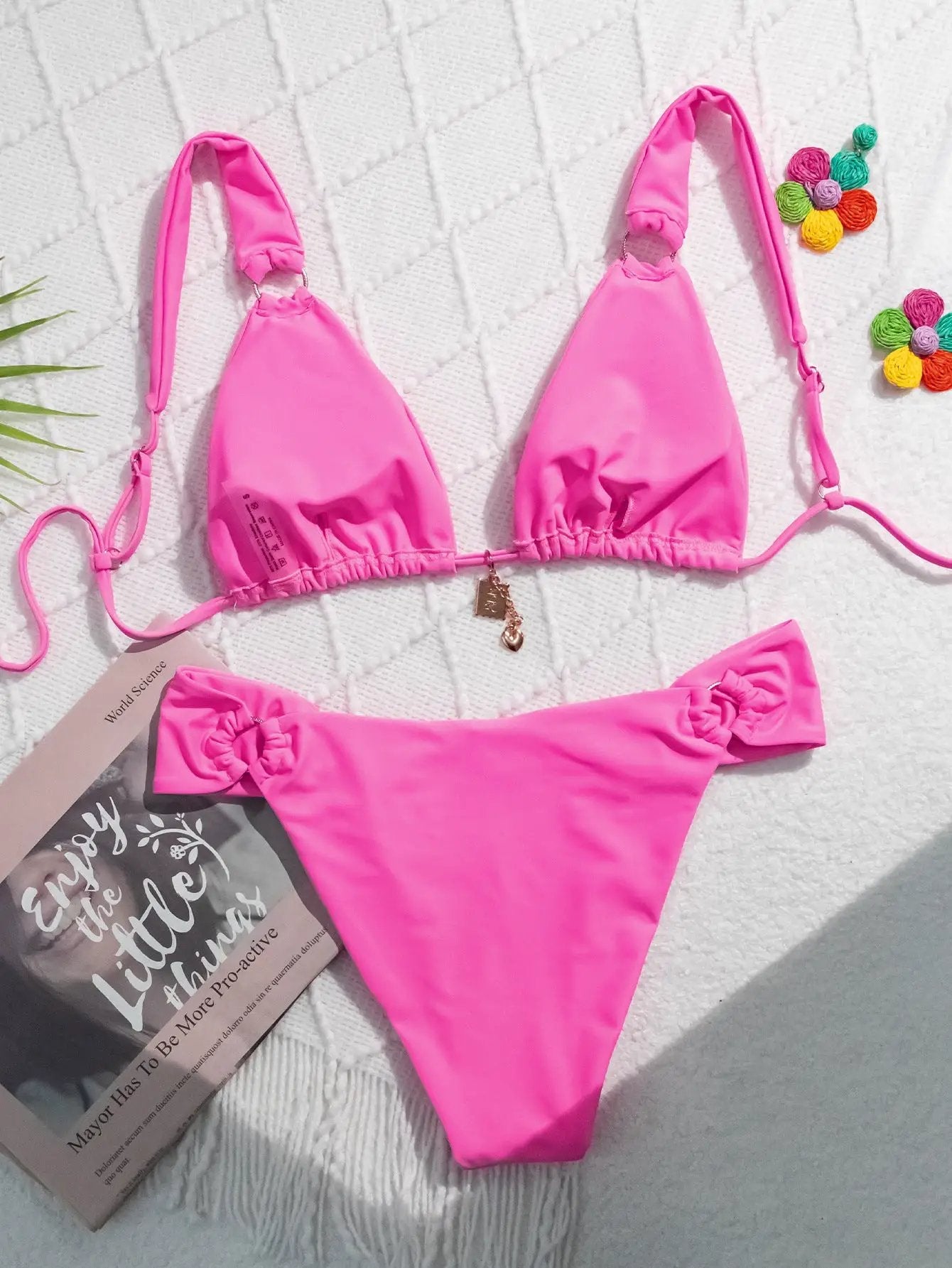 Hot Pink Gold Charm O-Ring Flattering Cut Sexy 2Pc Swimsuit Set Bikini