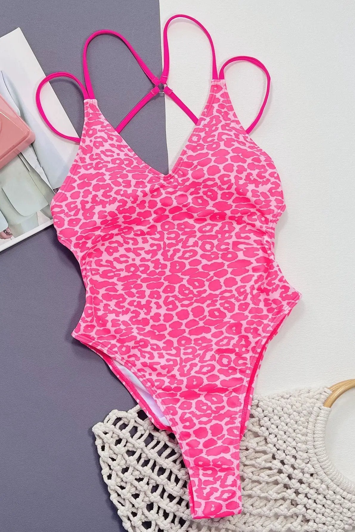 Pink Leopard Print Hot Pink Strappy Back Ruched Butt Ultra Cheeky Sexy Monokini 1Pc Swimsuit