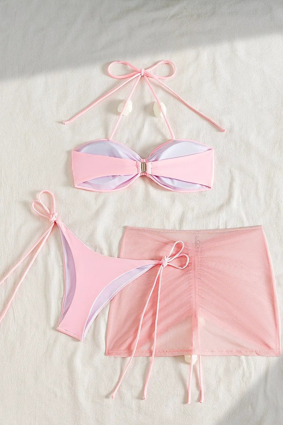 Pink Delicate Rose Draw String Cheeky Mesh Cover-Up Sexy 3Pc Swimsuit Set