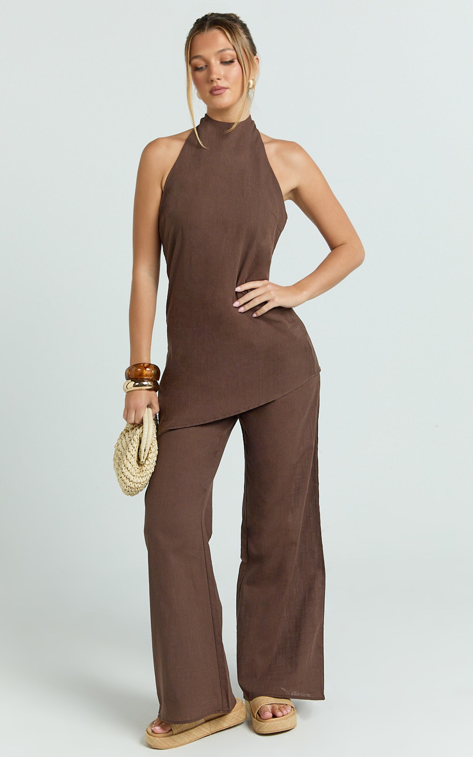 Paige Two Piece Set - Halter Top and Wide Leg Pant Set in Chocolate
