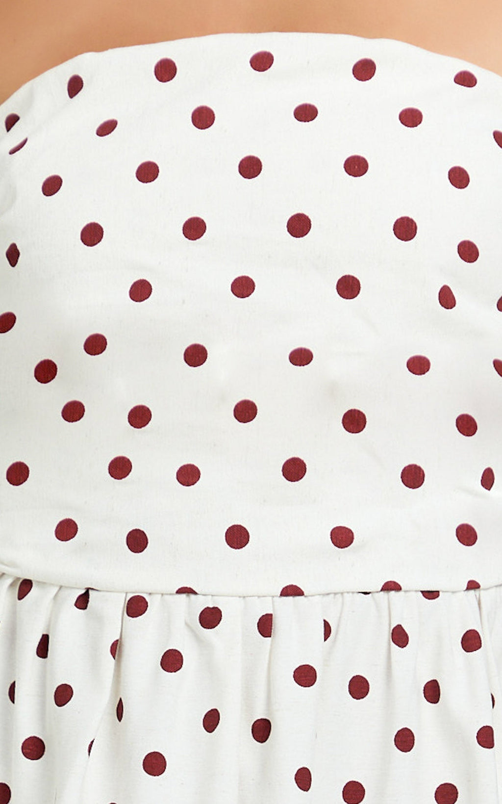 Polly Midi Dress - Strapless Ruched Dress in Red Polka Dot