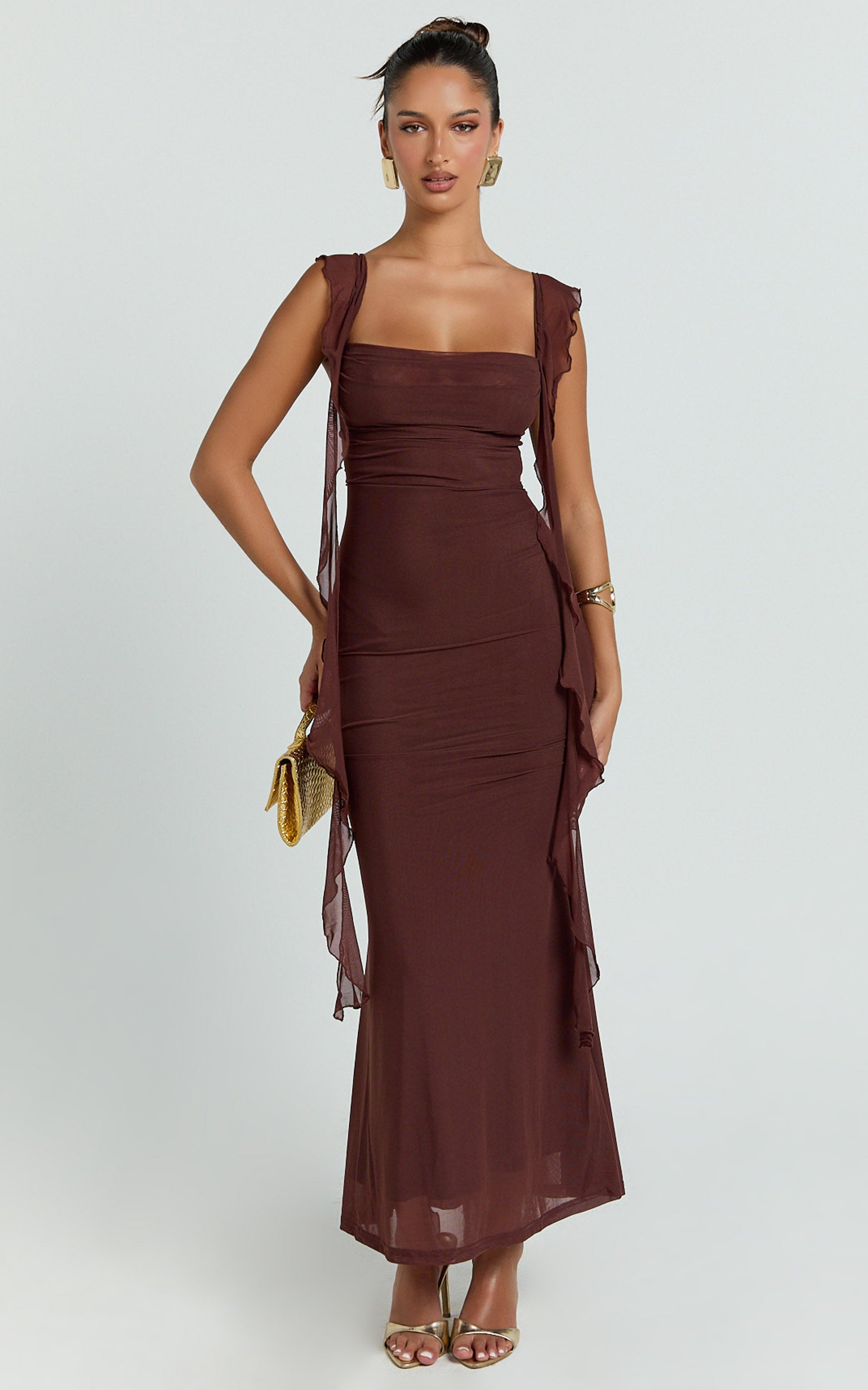 Rosha Midi Dress - Ruffle Strap Dress in Chocolate