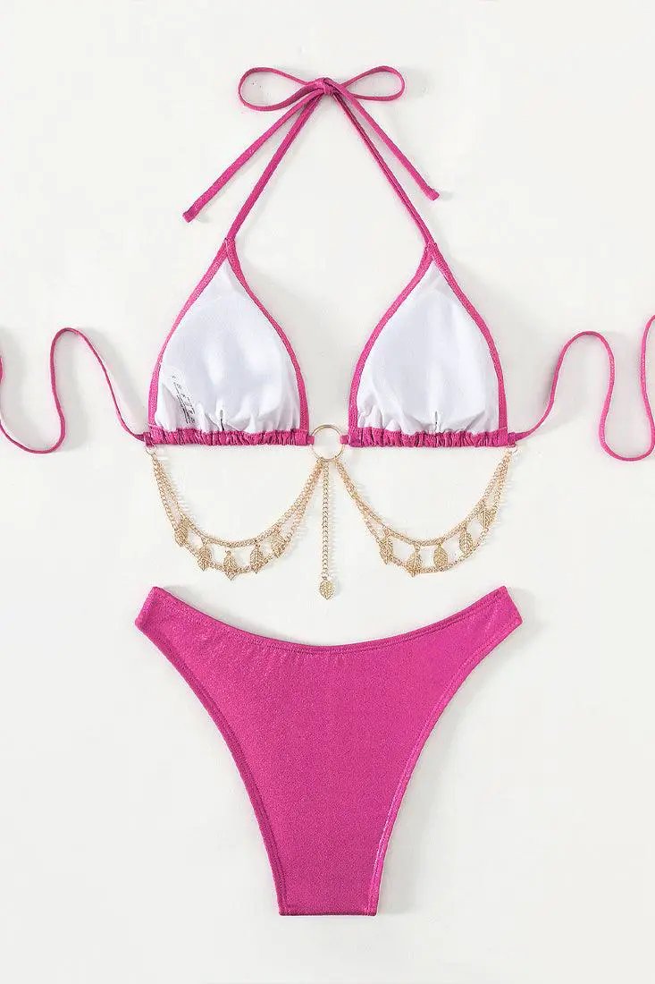 Hot Pink Holographic Metallic Gold Chain Cheeky 2Pc Swimsuit Bikini