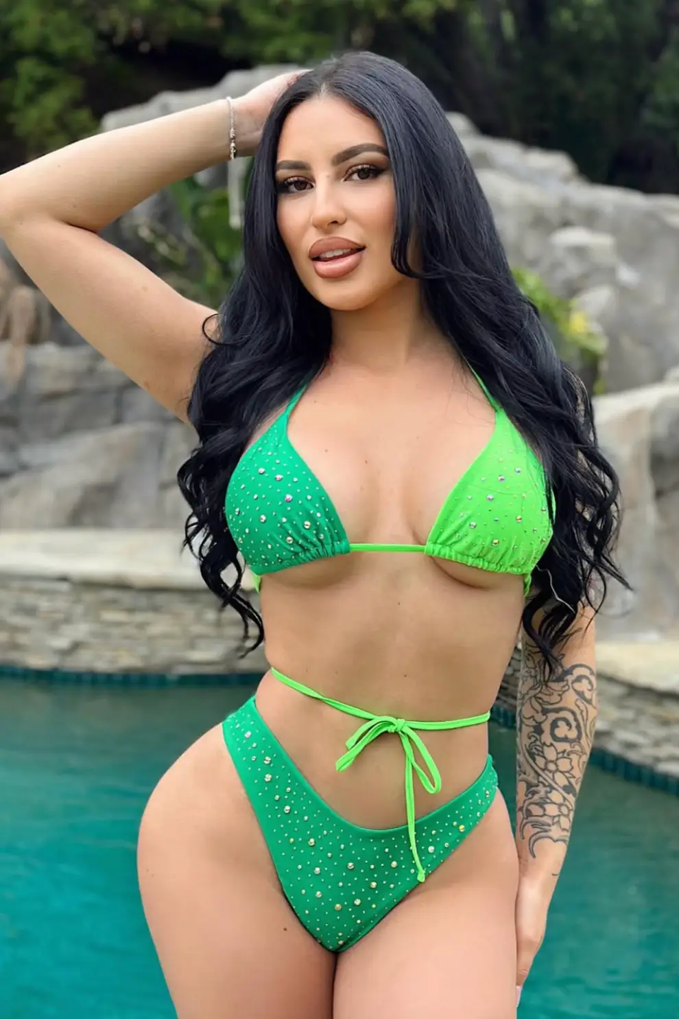 Green Color Block Rhinestone Sparkly Strappy Cheeky Sexy 2Pc Swimsuit Bikini Set